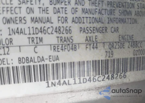 2006 Nissan Altima 2.5 S z USA, uszkodzony, nr VIN 1N4AL11D46C248266